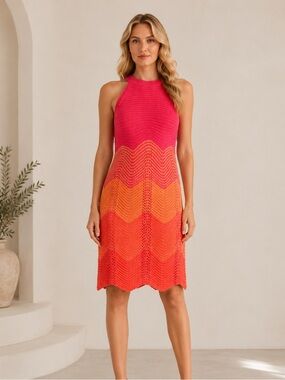 Taylor | NWT Ombré Crochet Knit Halter Dress Fully Lined Size XS Pink Orange